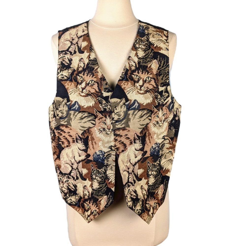 Vintage Cat Tapestry Embroidered Vest Size Large 90s